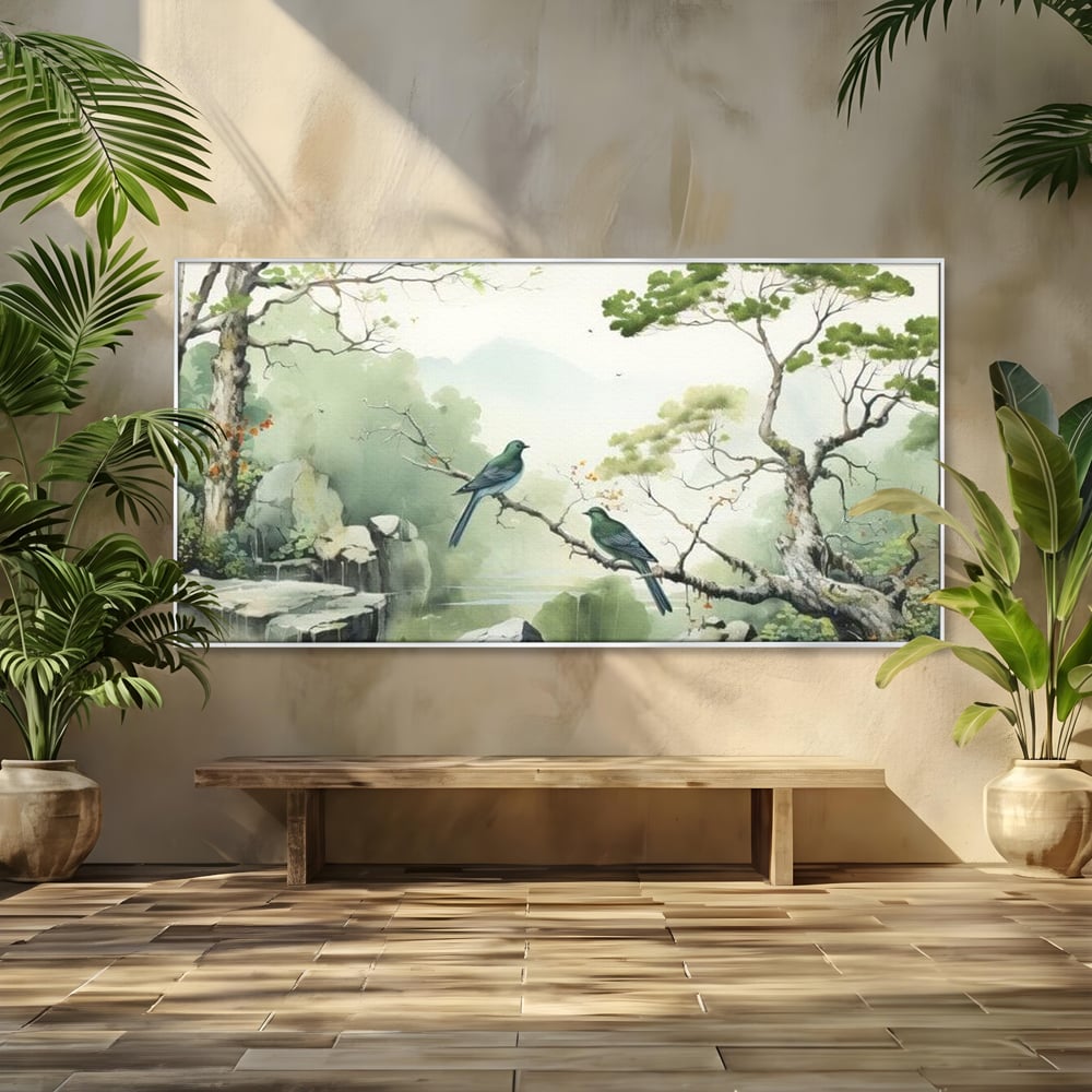 Tablou canvas cu tablou canvas cu pasari pe creanga si peisaj zen, in rama de aluminiu argintiu